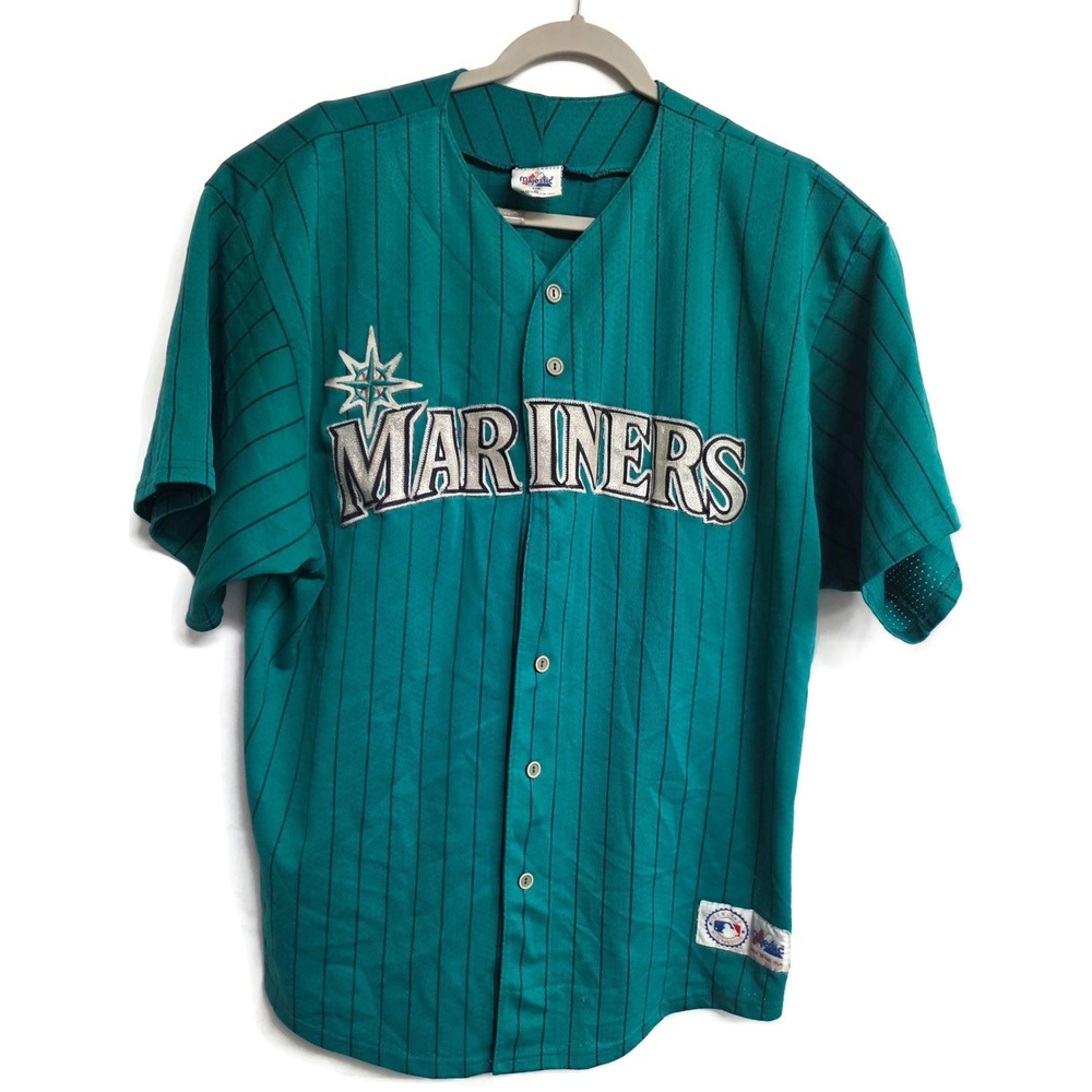 Vintage Majestic Seattle Mariners Jersey XL Teal Pinstripe MLB Baseball USA Made